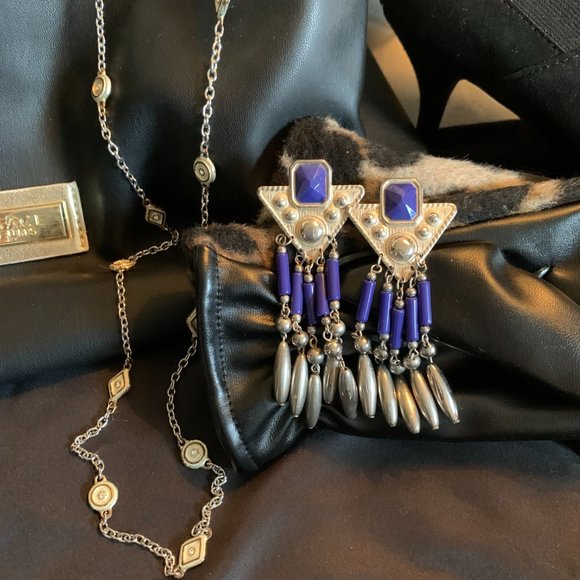 Vintage 80's Silver & Blue Beaded Dangle Earrings Set - Picture 1 of 12